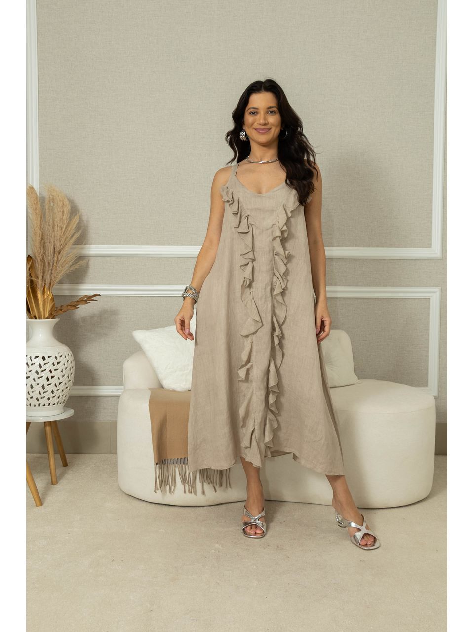 Vestido Ruth Linho BEGE ESCURO