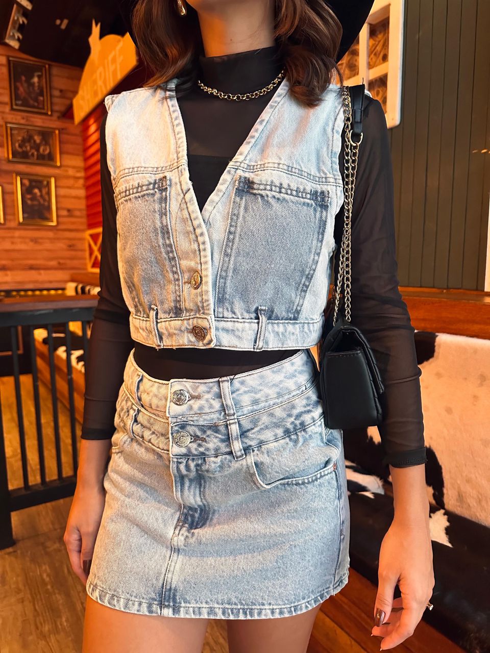 Colete Cropped Jeans - Loja Benditta