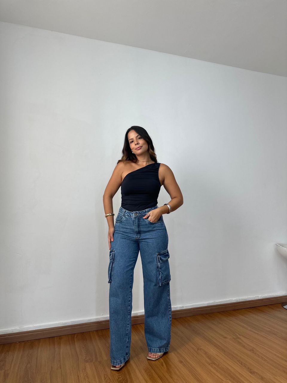 Calça Jeans Cargo Estonada Média