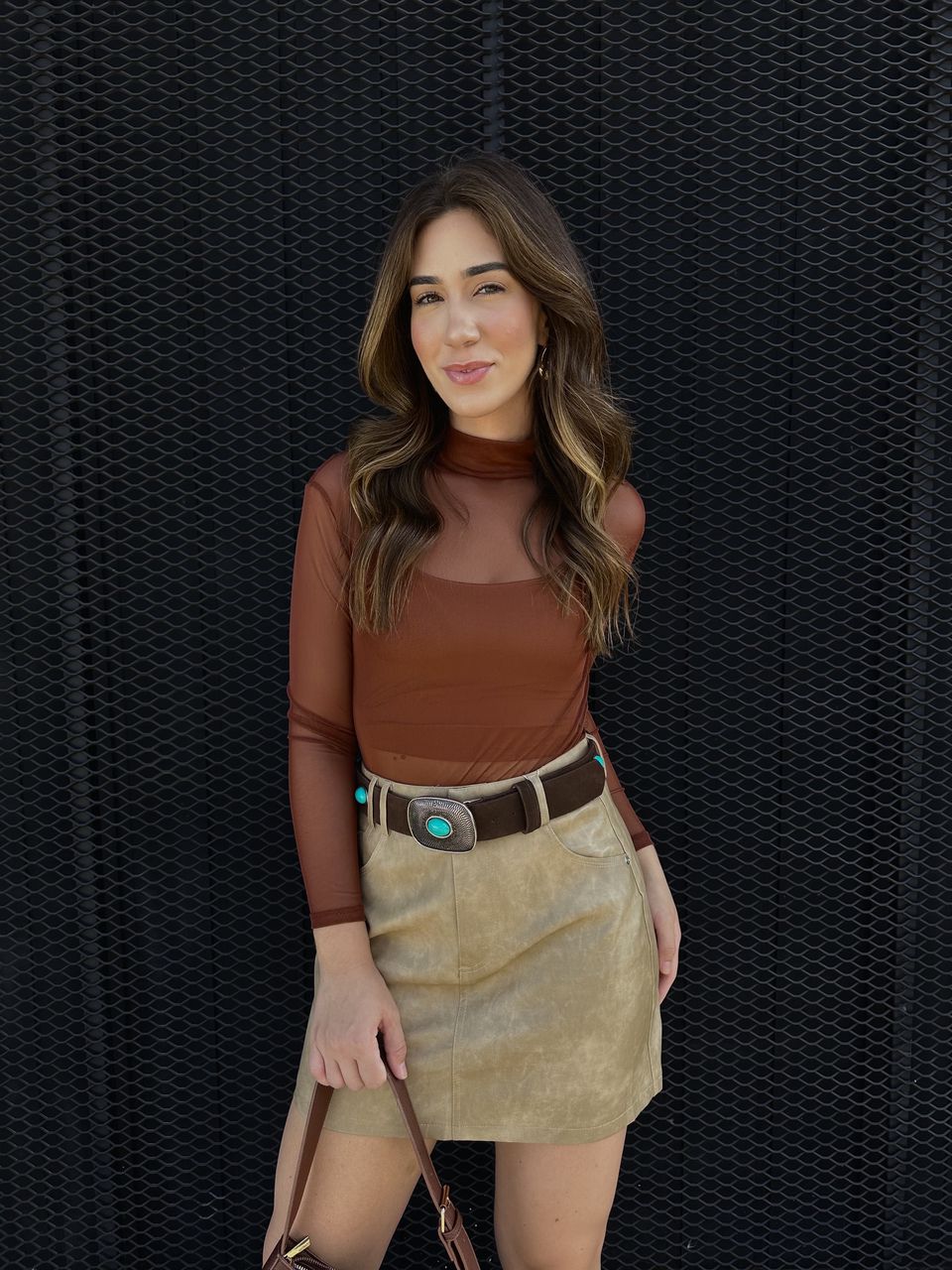 Saia de Couro Eco Estonada Nude - Loja Benditta