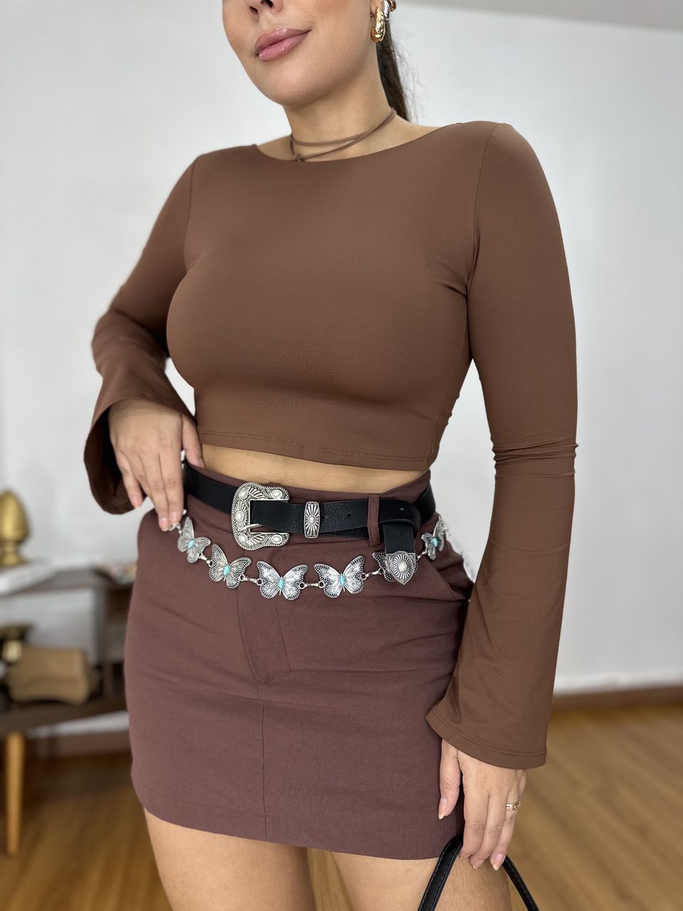 Blusa Feminina Manga Flare Marrom - 40309020309036 - Loja Benditta