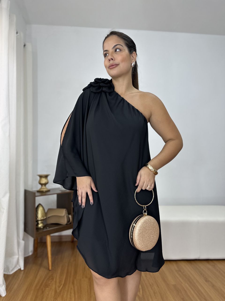 Vestido Nula Manga Flor Preto