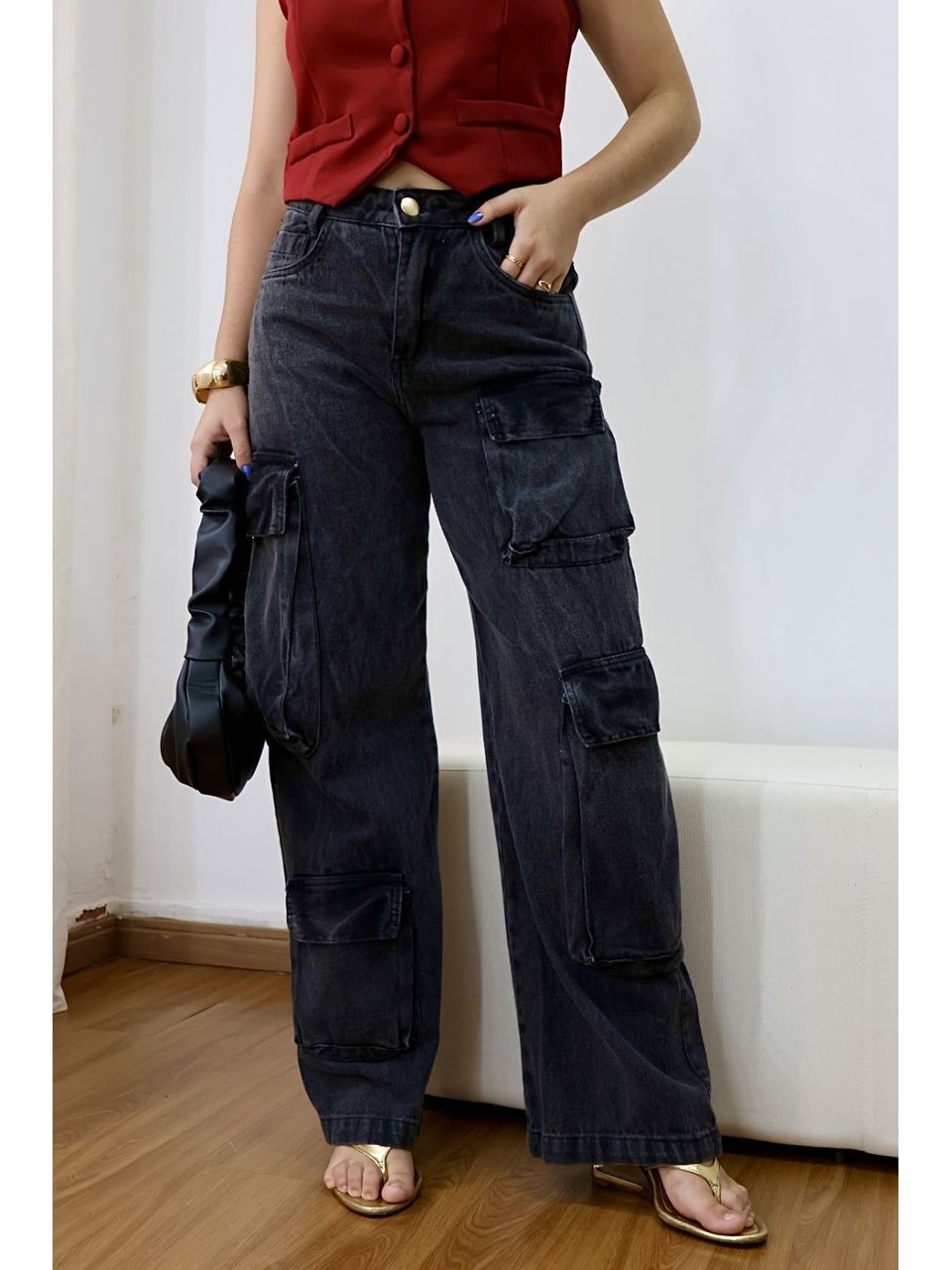 Calça Cargo Wide Leg Lana Preta - 403090203090750 - Loja Benditta
