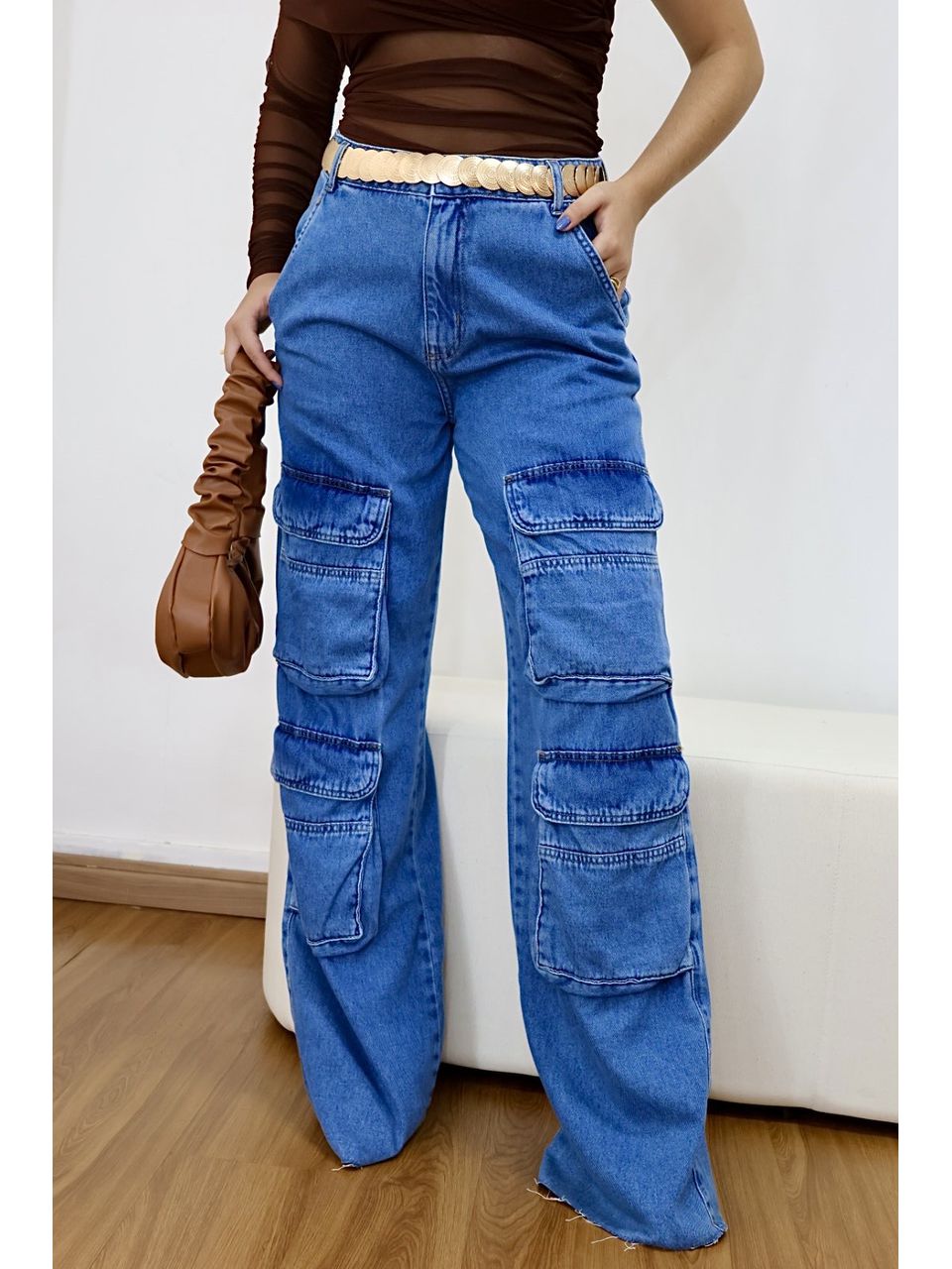 Calça Wide Leg Jeans Cargo Bolso Frontal - 4030902... - Loja Benditta