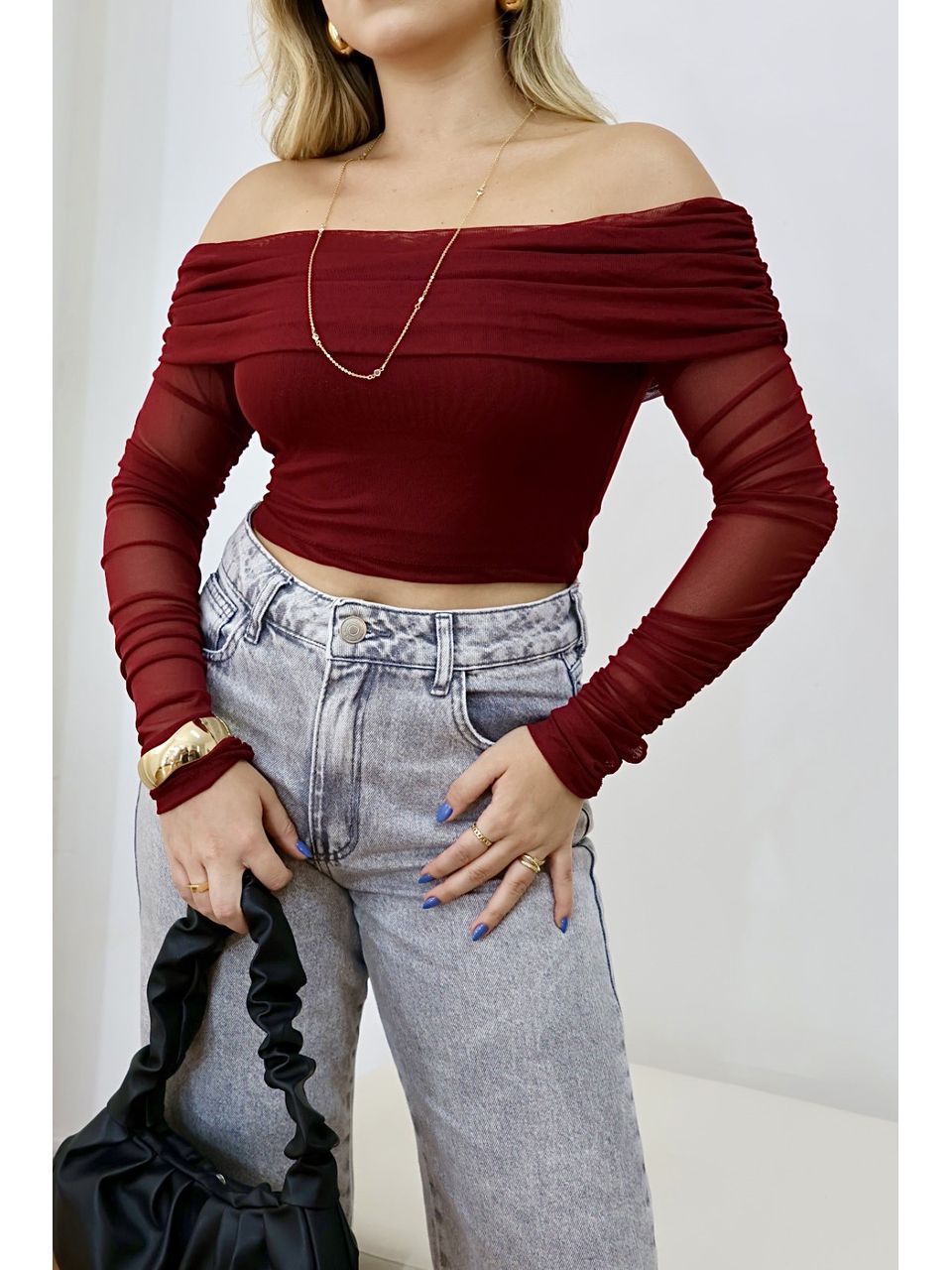 Cropped Feminino Drapeado Tule Cereja - 4030902030... - Loja Benditta