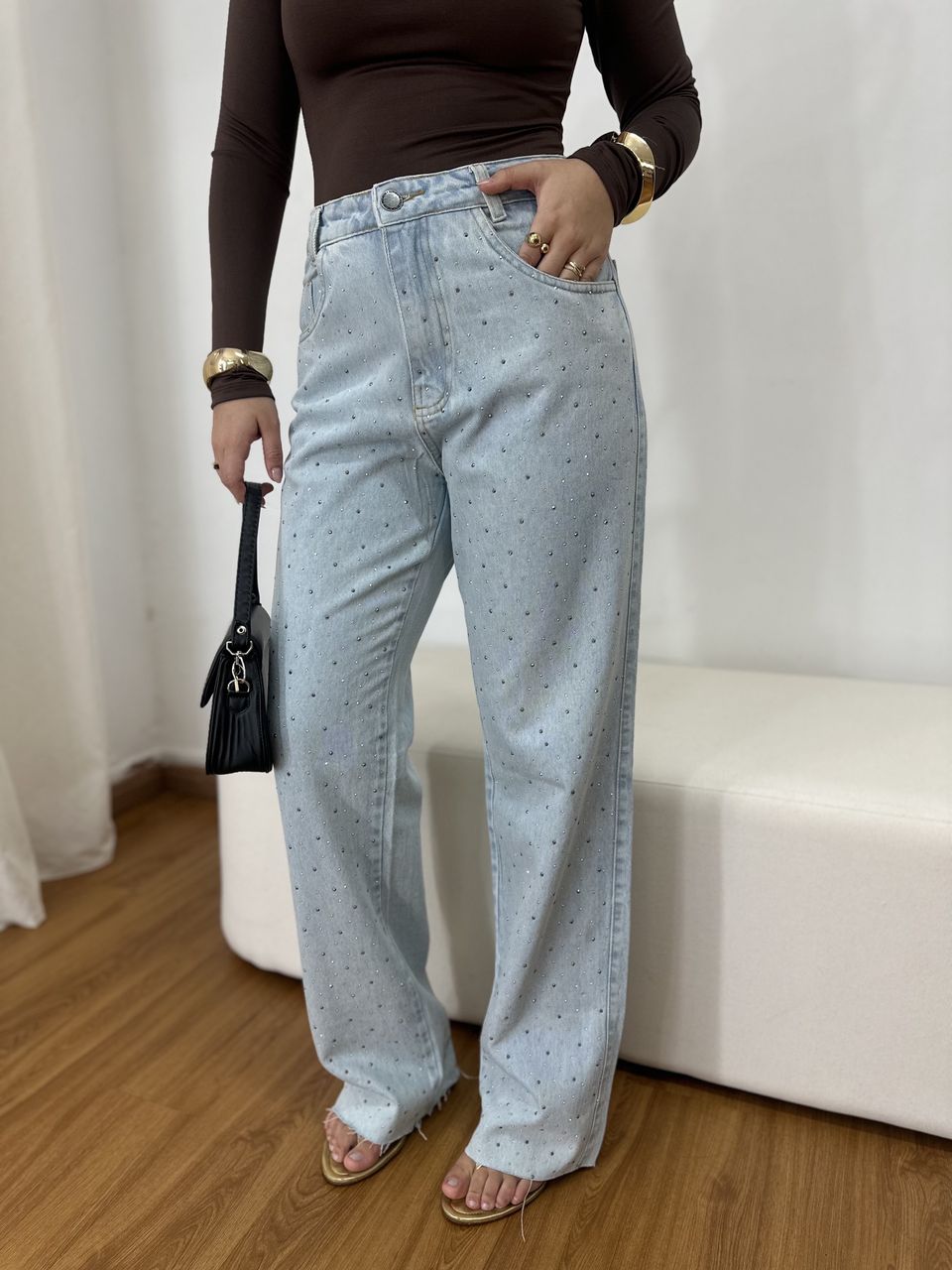 Calça Jeans Feminina Wide Leg Clara Brilho - Loja Benditta
