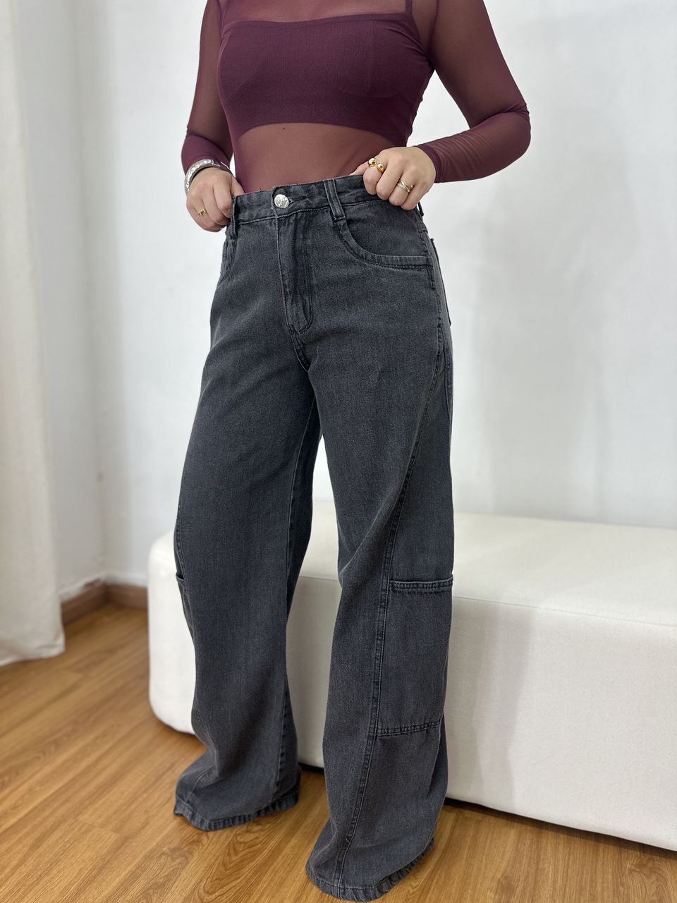 Calça Cargo Feminina Estonada Preta Ampla - Loja Benditta