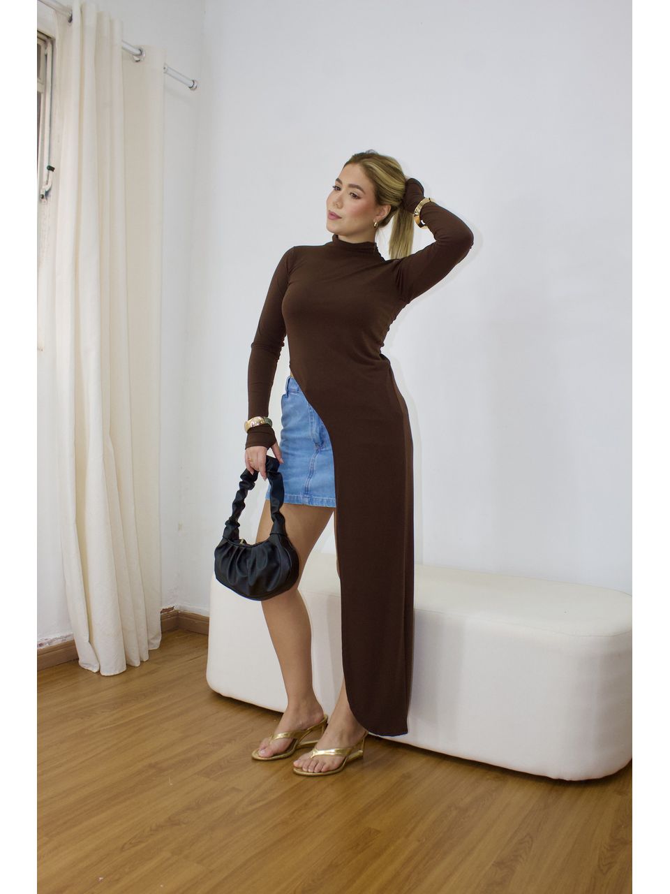 Blusa Feminina Alongada Assimétrica Marrom - Loja Benditta