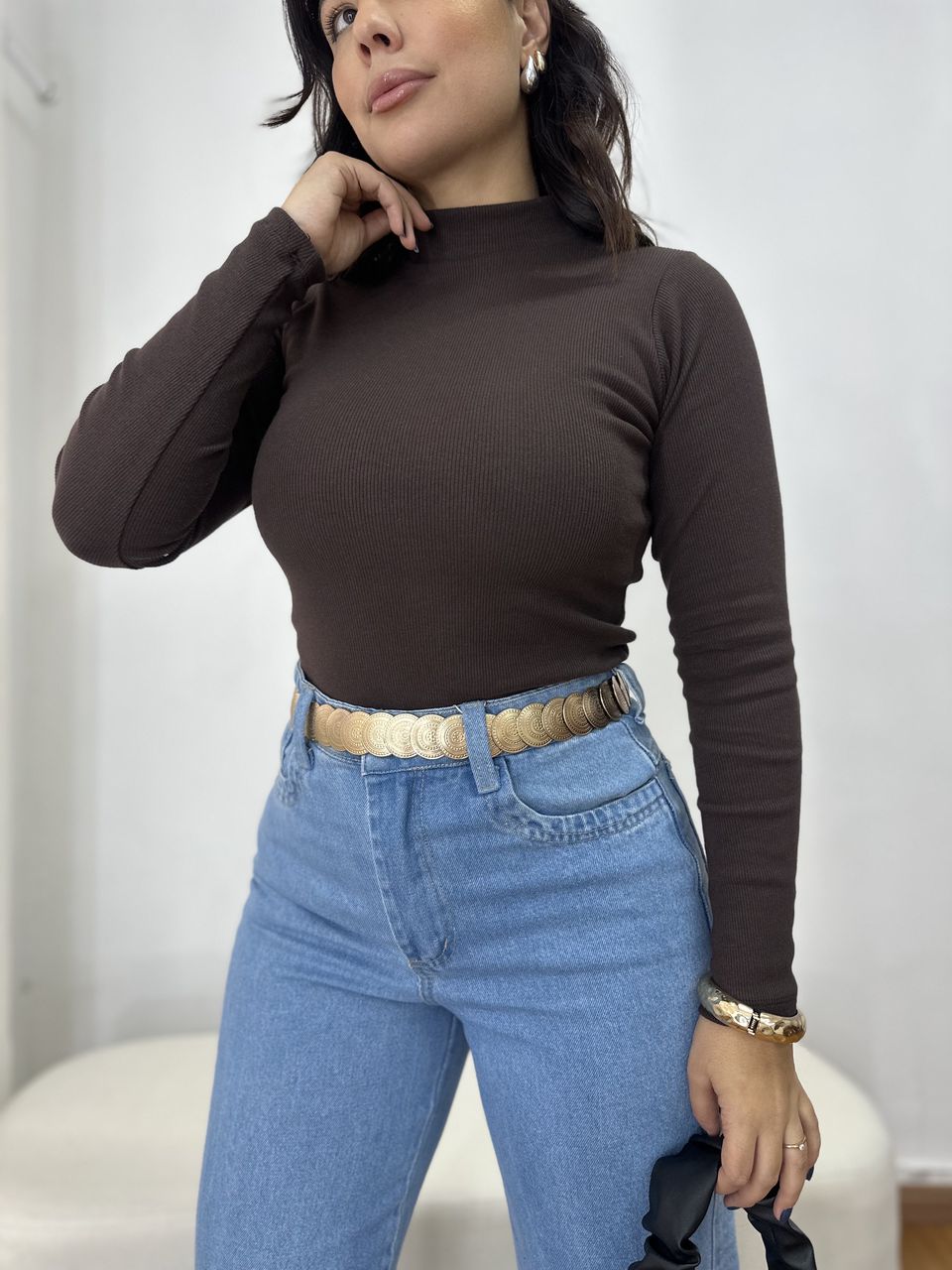 Blusa Lisa Canelada Marrom - Loja Benditta