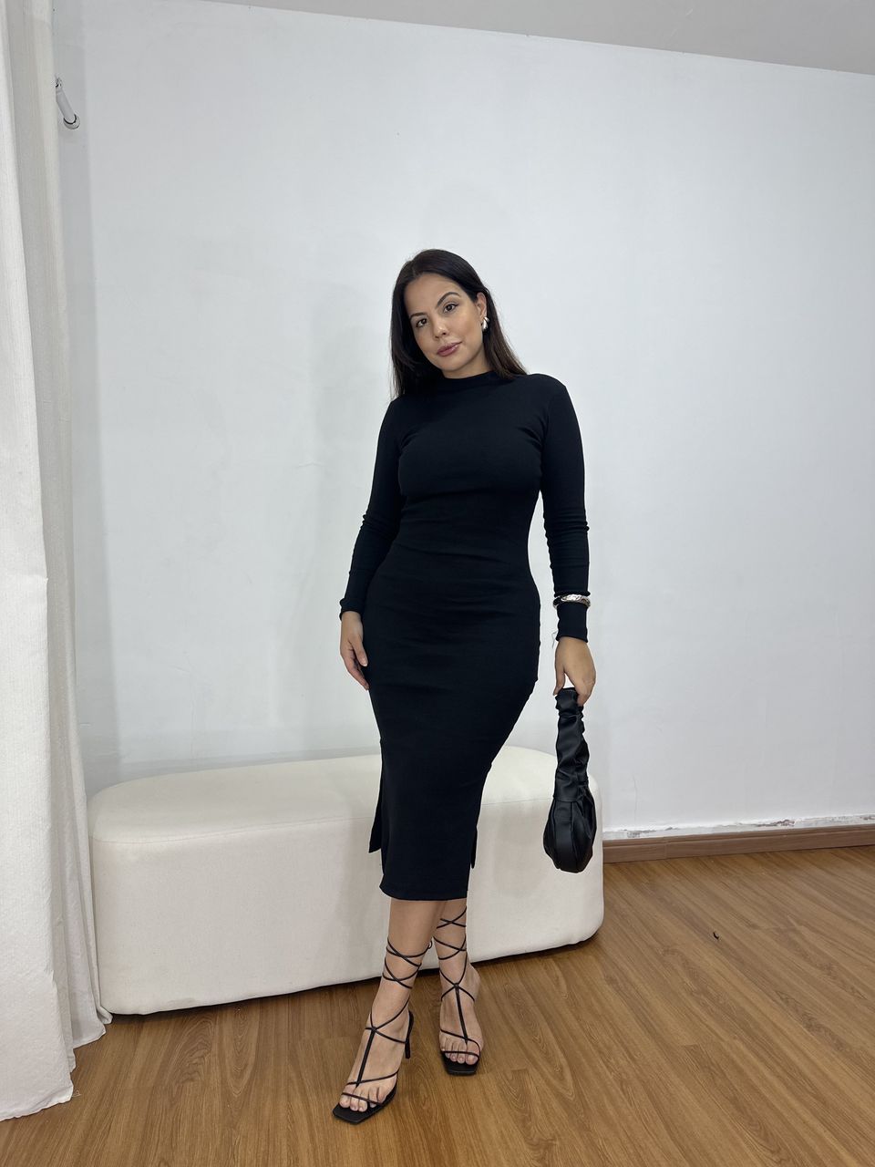 Vestido Feminino Midi Canelado Preto - Loja Benditta