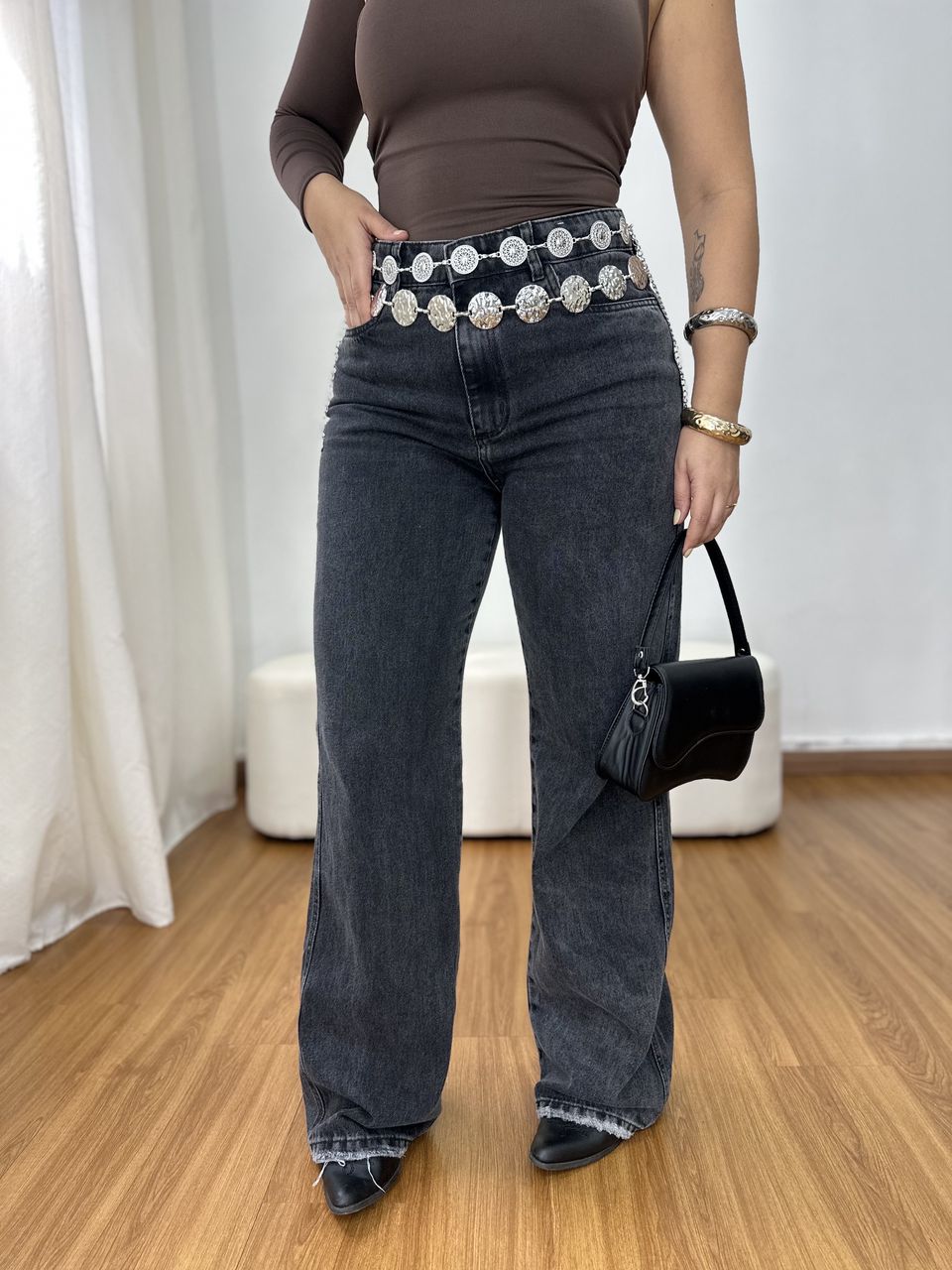 Calça Feminina Wide Leg Grafite Estonada - Loja Benditta