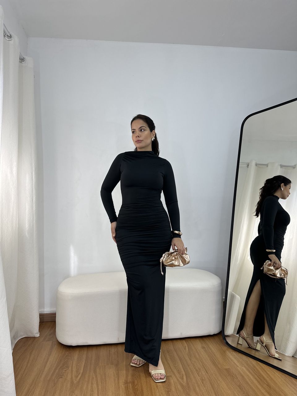 Vestido Feminino Longo Drapeado Preto - Loja Benditta