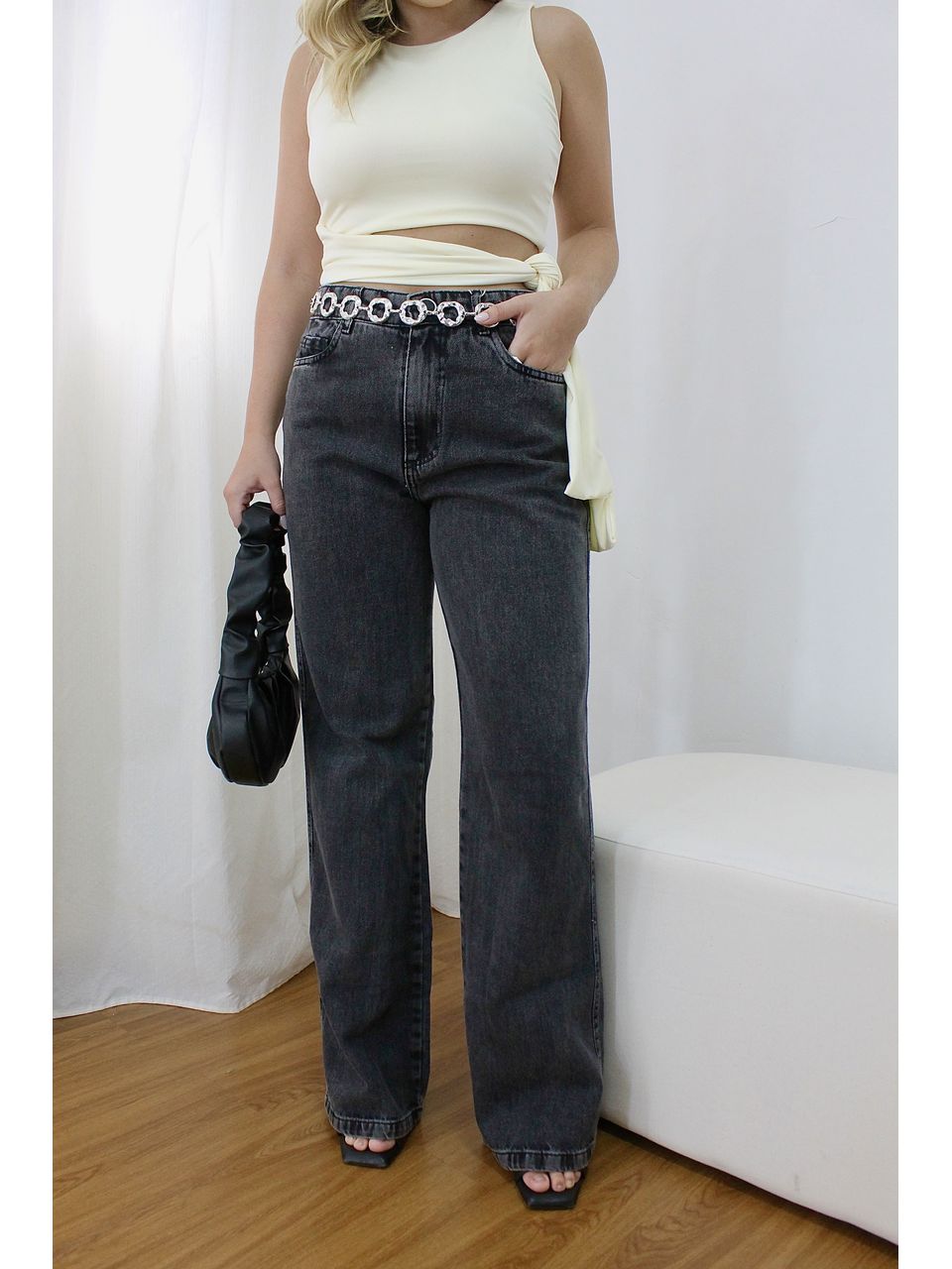 Calça Feminina Wide Leg Grafite Estonada - Loja Benditta