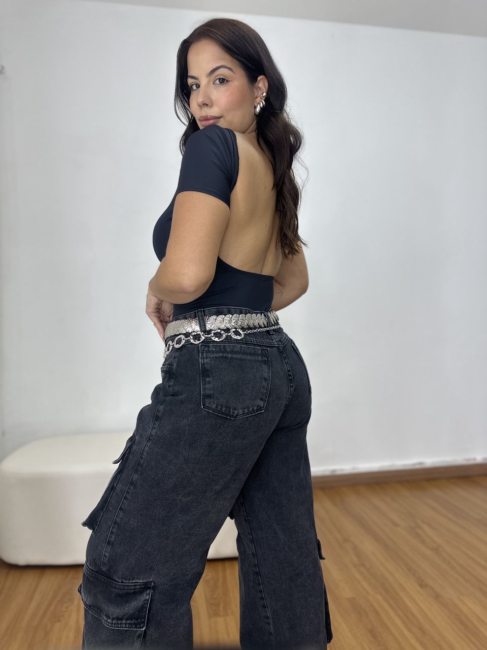 Body Feminino Manga Curta Costas Nua Preto - Loja Benditta