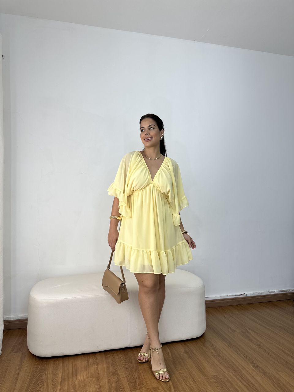 Vestido Feminino Manga Ampla Amarelo - Loja Benditta