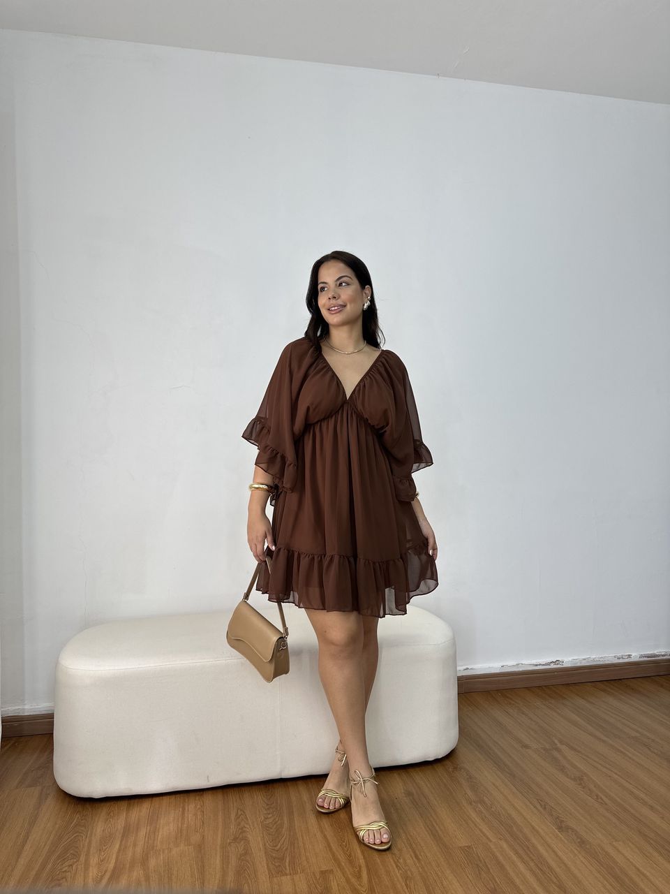 Vestido Feminino Manga Ampla Marrom - Loja Benditta