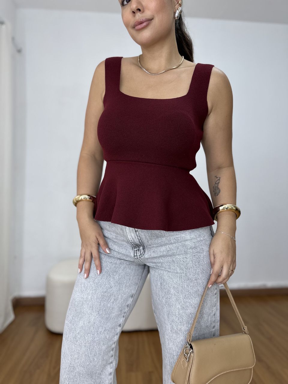 Blusa Feminina Tricot Peplum Vinho - Loja Benditta