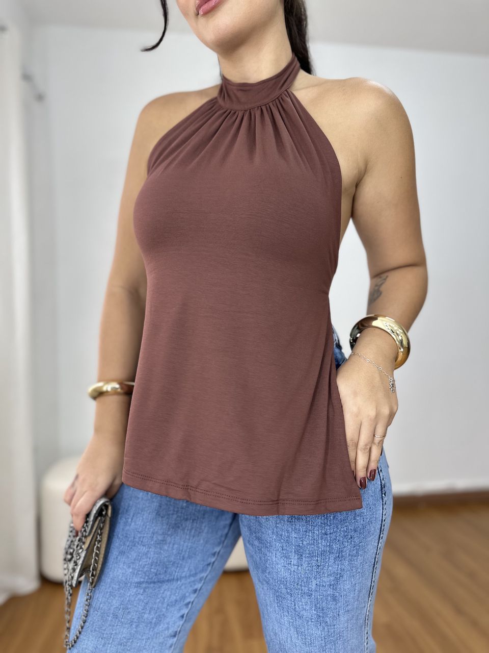 Blusa Frente Única Amarração Marrom - Loja Benditta