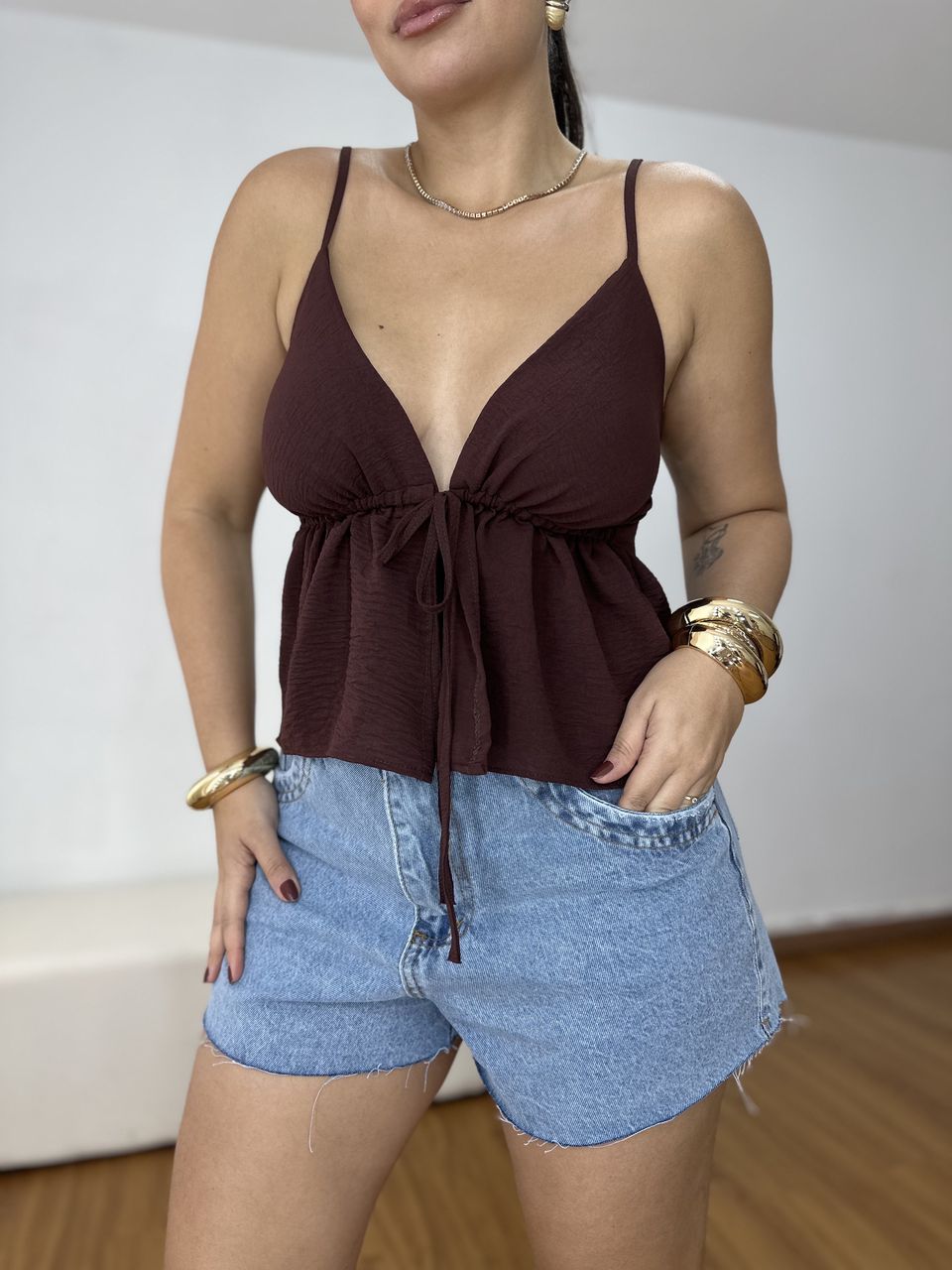 Blusa Feminina Amarração Crepe Marrom
