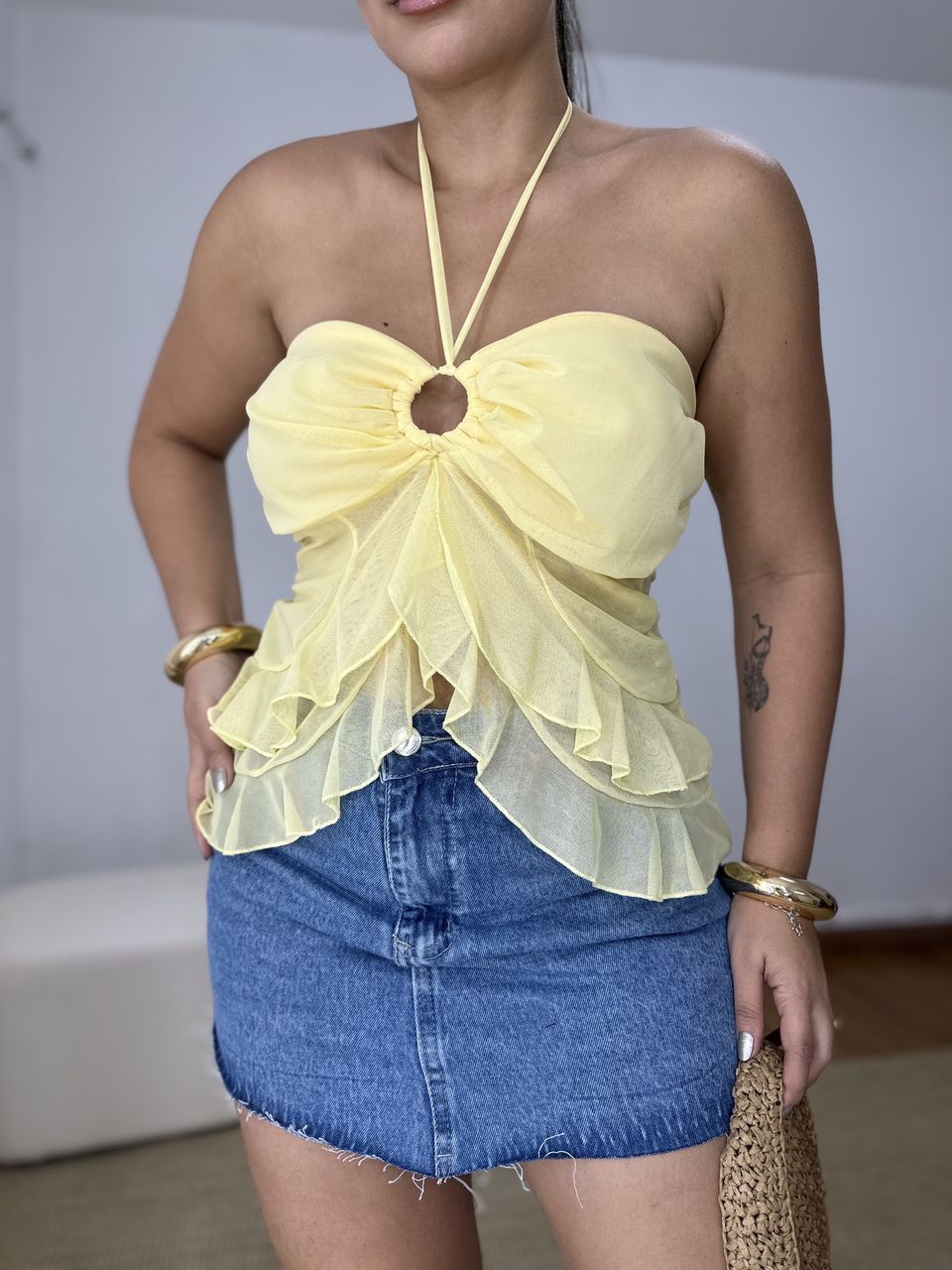 Blusa Bata Babados Tule Amarela - Loja Benditta