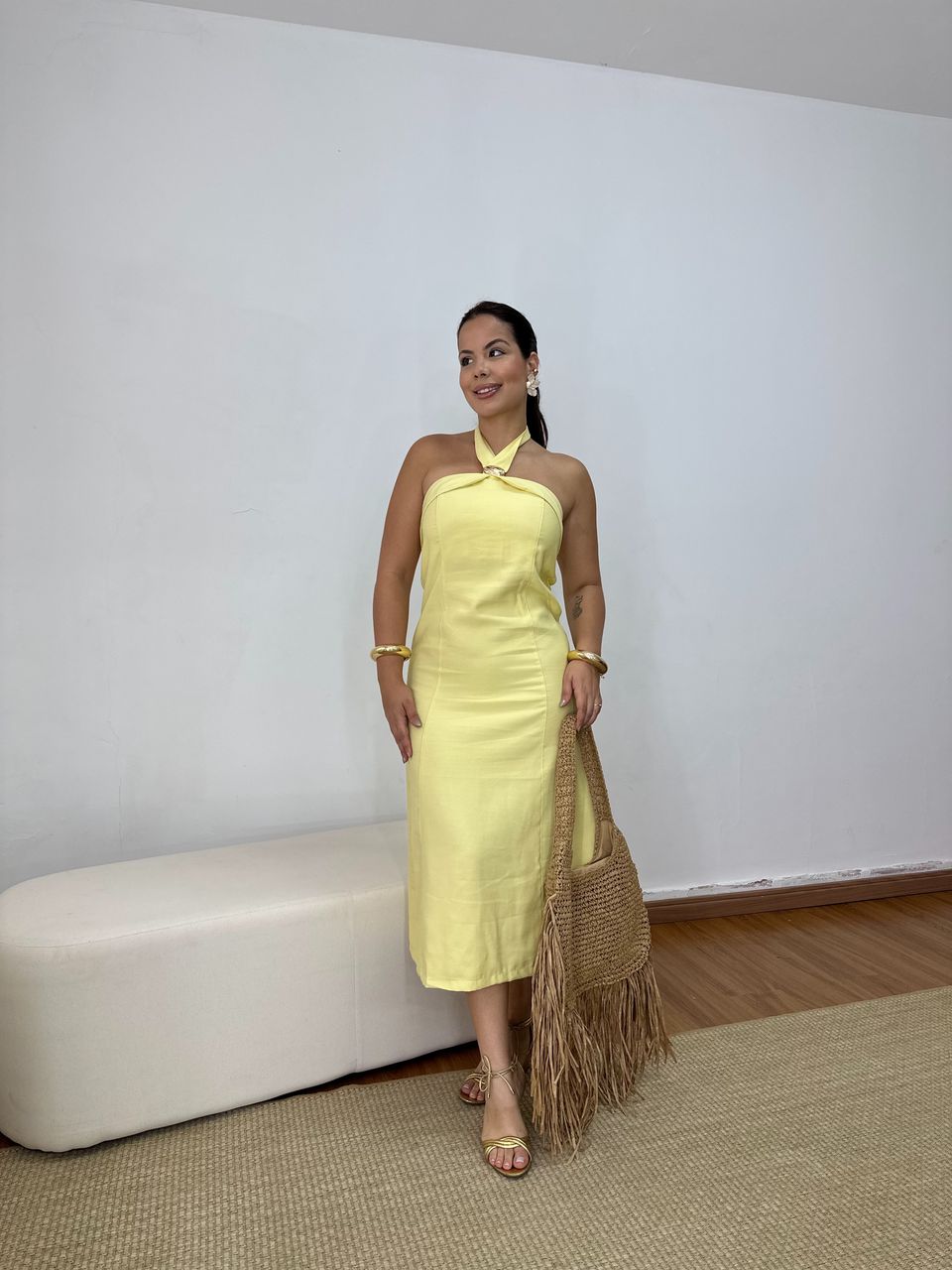 Vestido Frente Única Fivela Amarelo - Loja Benditta