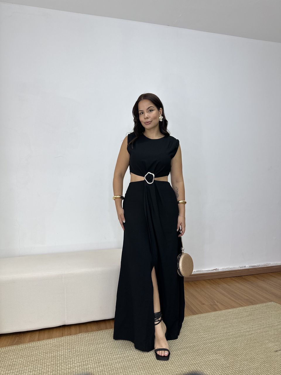 Vestido Longo Detalhe Fivela Preta - Loja Benditta