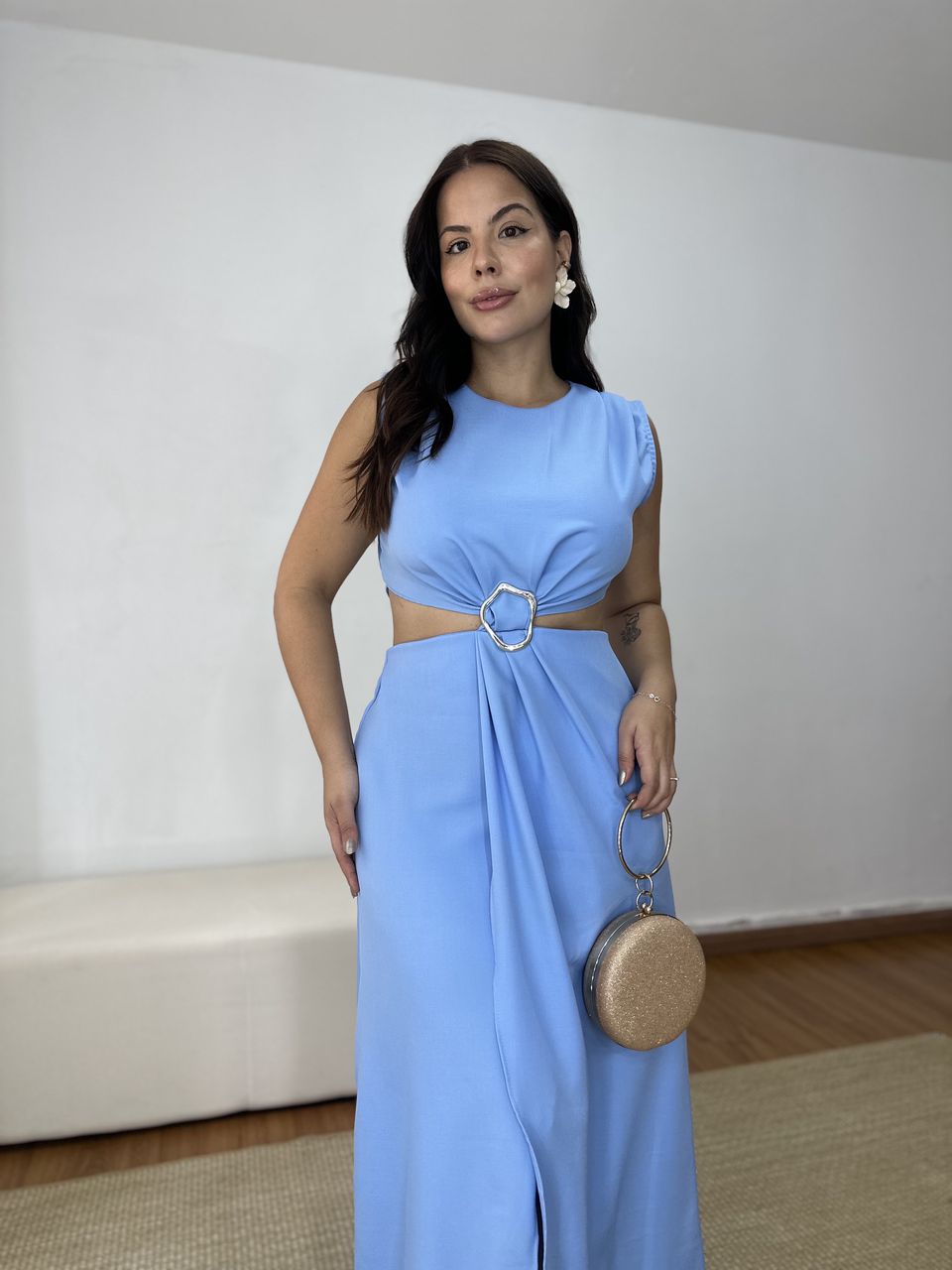 Vestido Longo Detalhe Fivela Azul - Loja Benditta