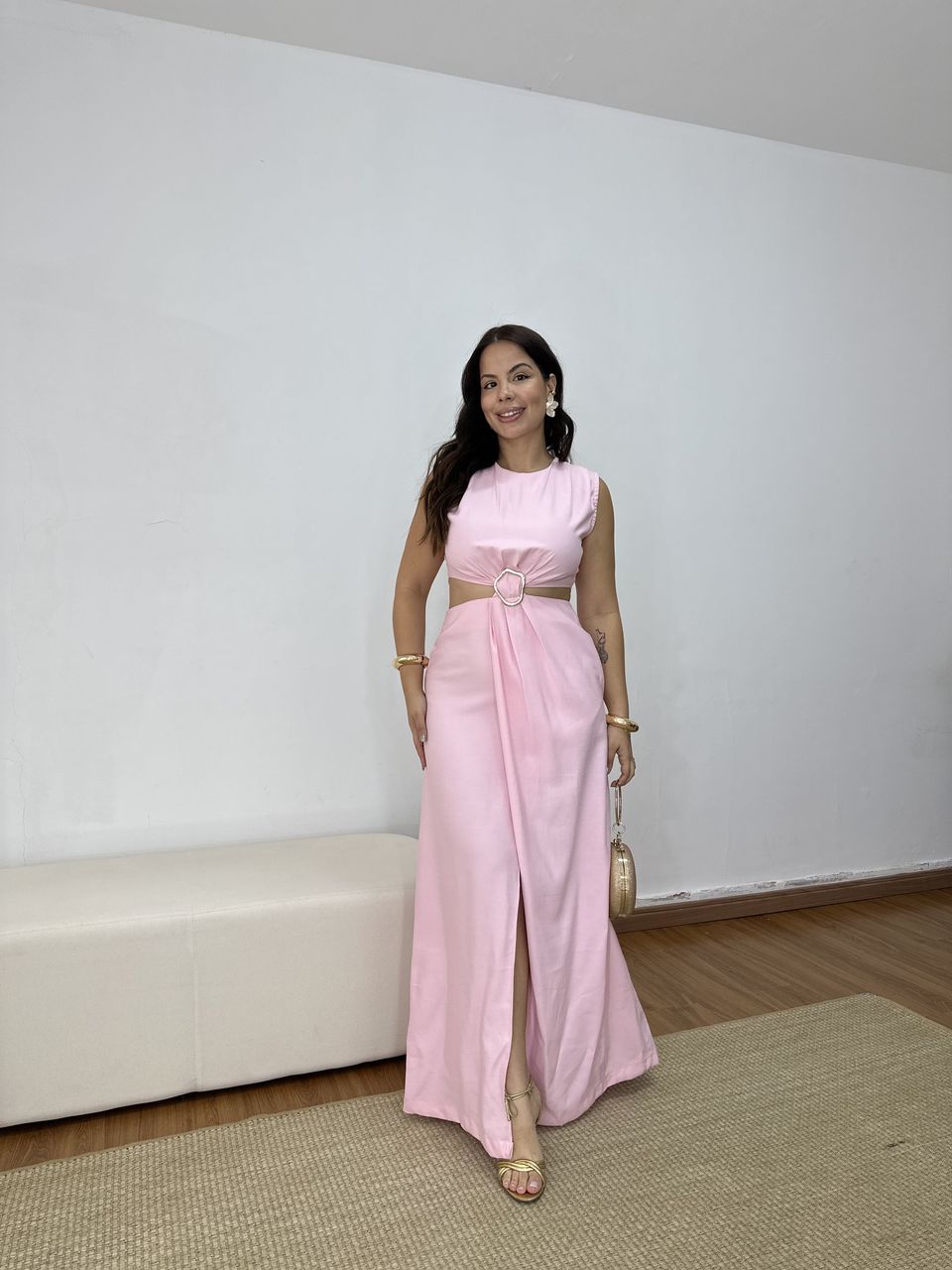 Vestido Longo Detalhe Fivela Rosa - Loja Benditta