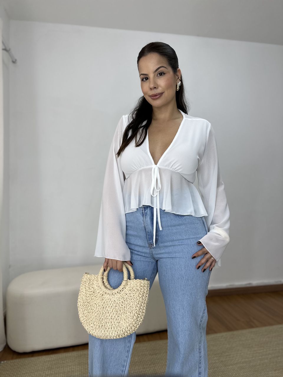 Blusa Bata Amarração Manga Ampla Branca - Loja Benditta