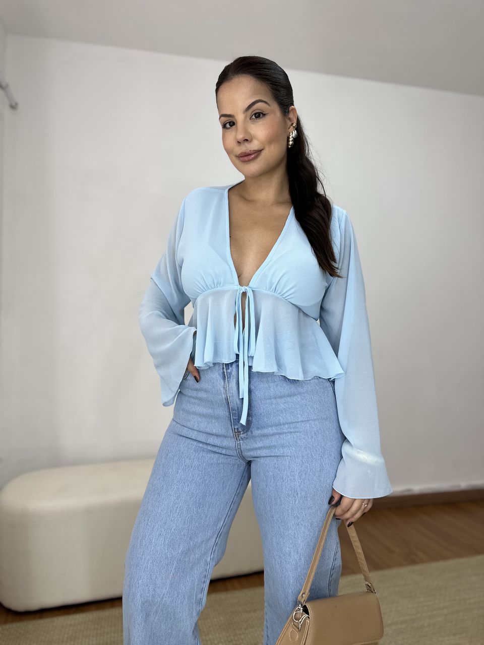 Blusa Bata Amarração Manga Ampla Azul - Loja Benditta