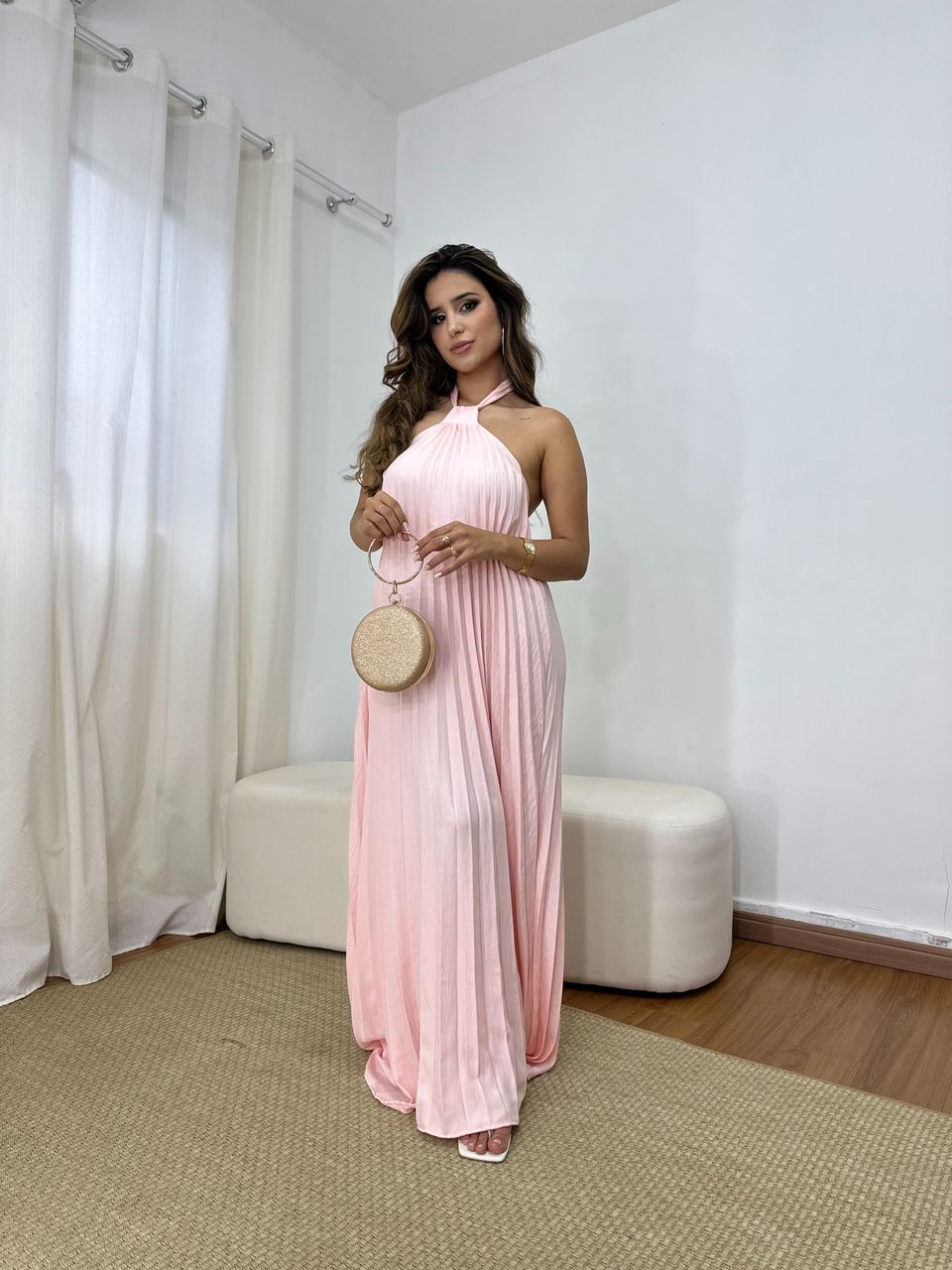 Vestido Frente Única Plissado Rosa - Loja Benditta