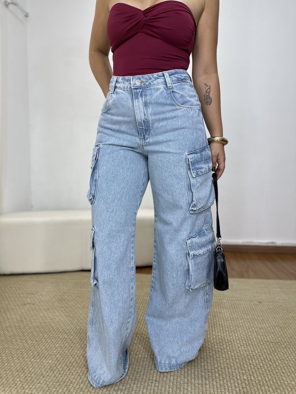 Wide Leg Cargo Jeans Feminina Brunella - Loja Benditta