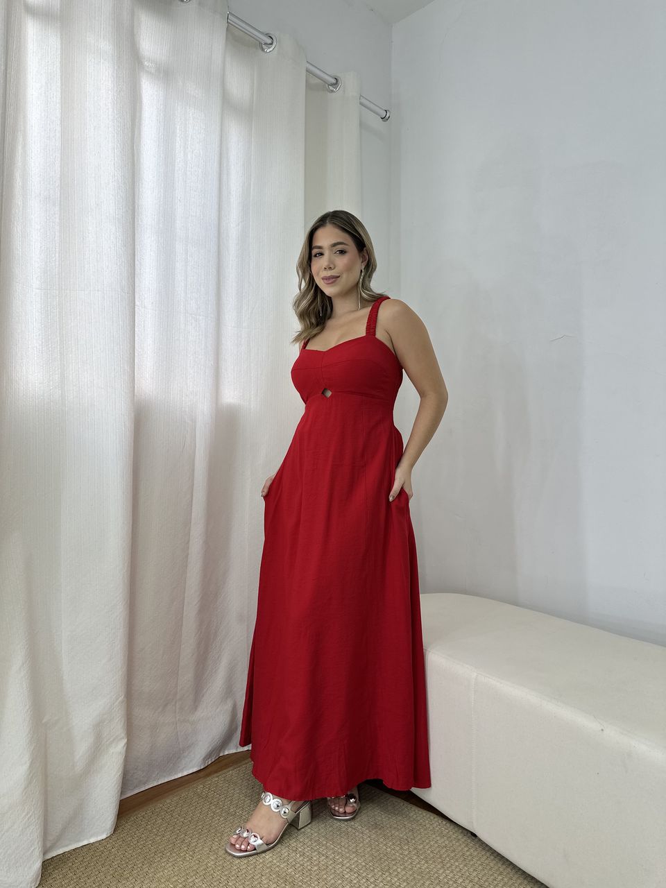 Vestido Midi Alça Lastex Vermelho - Loja Benditta