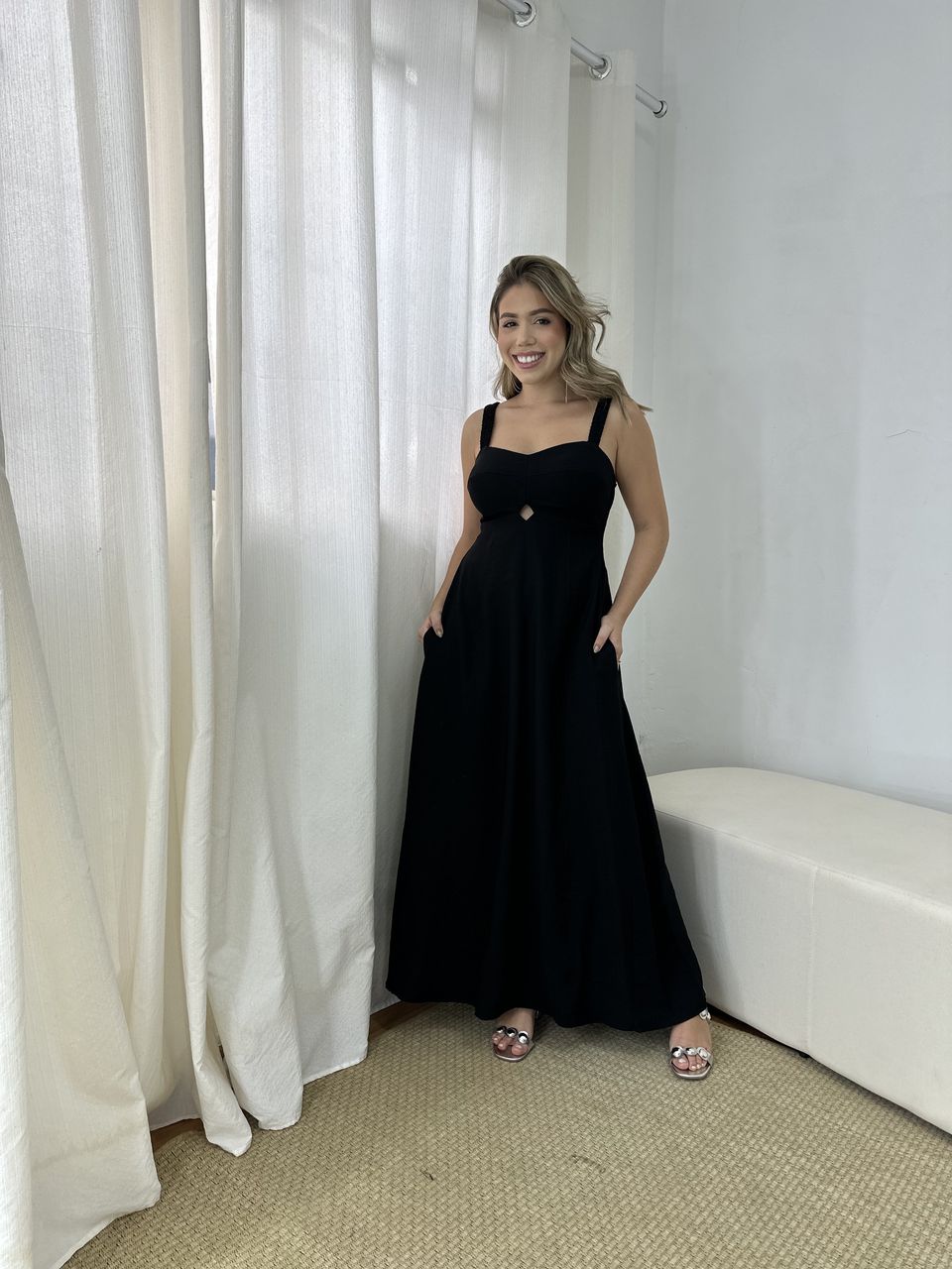 Vestido Midi Alça Lastex Preto - Loja Benditta