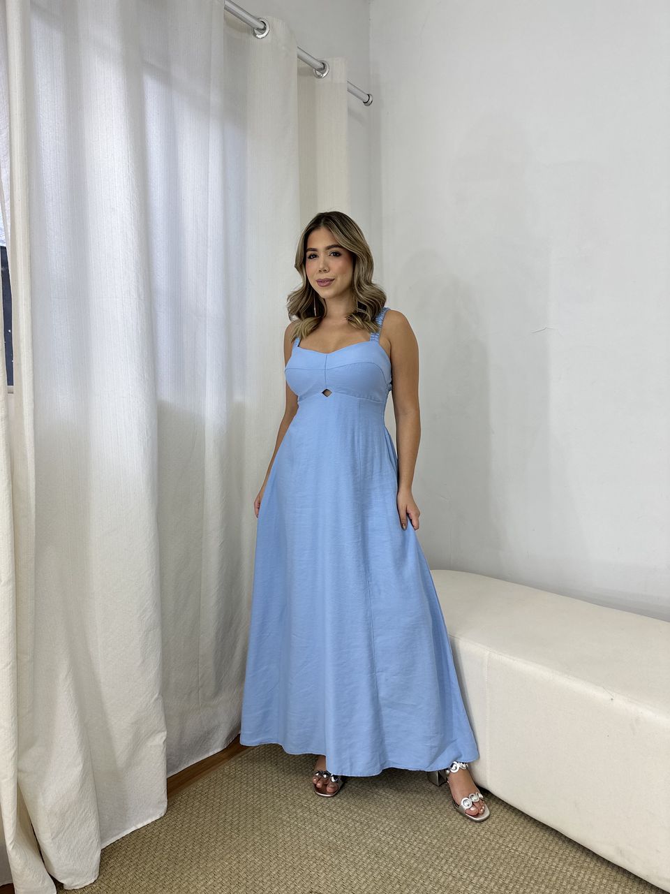 Vestido Midi Alça Lastex Azul - Loja Benditta