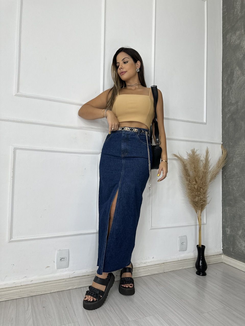 Saia Midi Jeans Escura - Loja Benditta