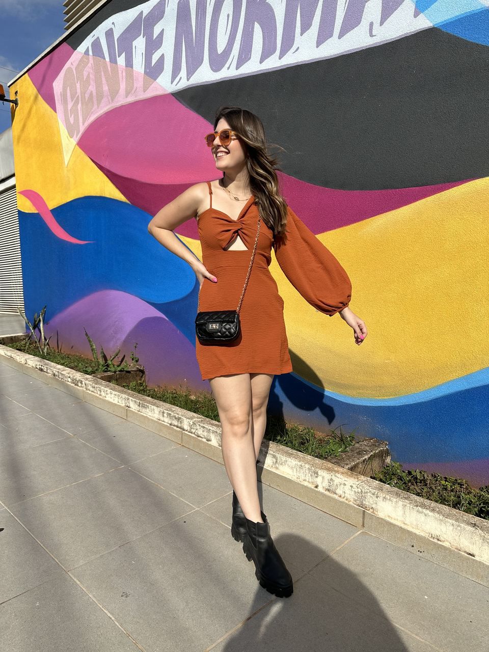 Vestido Crepe Nula Manga Alça Terracota - Loja Benditta