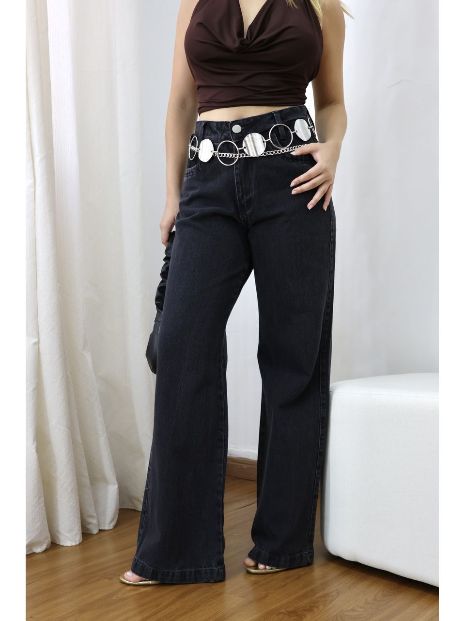 Calça Feminina Wide Leg Preta Estonada - 403090203... - Loja Benditta