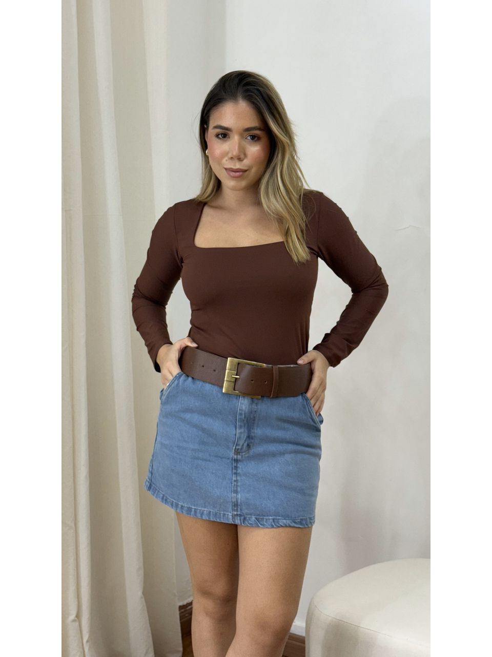 Blusa Manga Longa Decote Quadrado Poliamida Bia Ma... - Loja Benditta