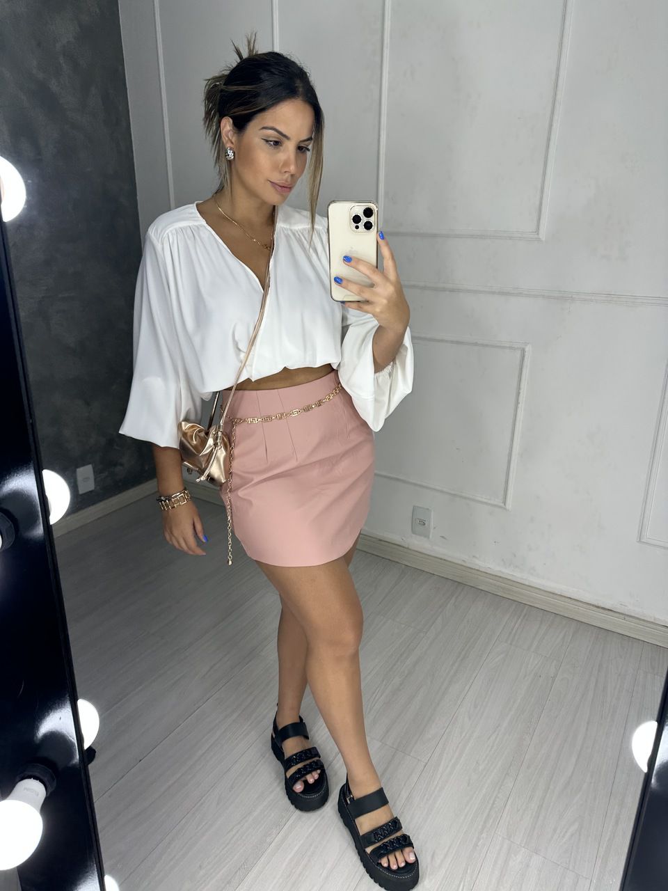 Saia Couro Eco Barra Arredondada Rose - Loja Benditta