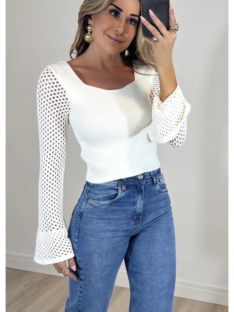 Blusa Tricot Manga tela