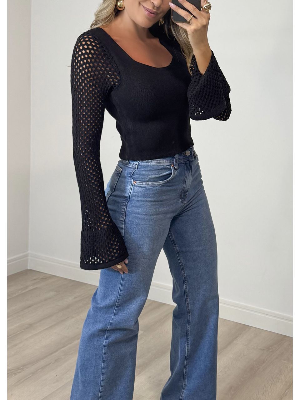 Blusa Tricot Manga tela