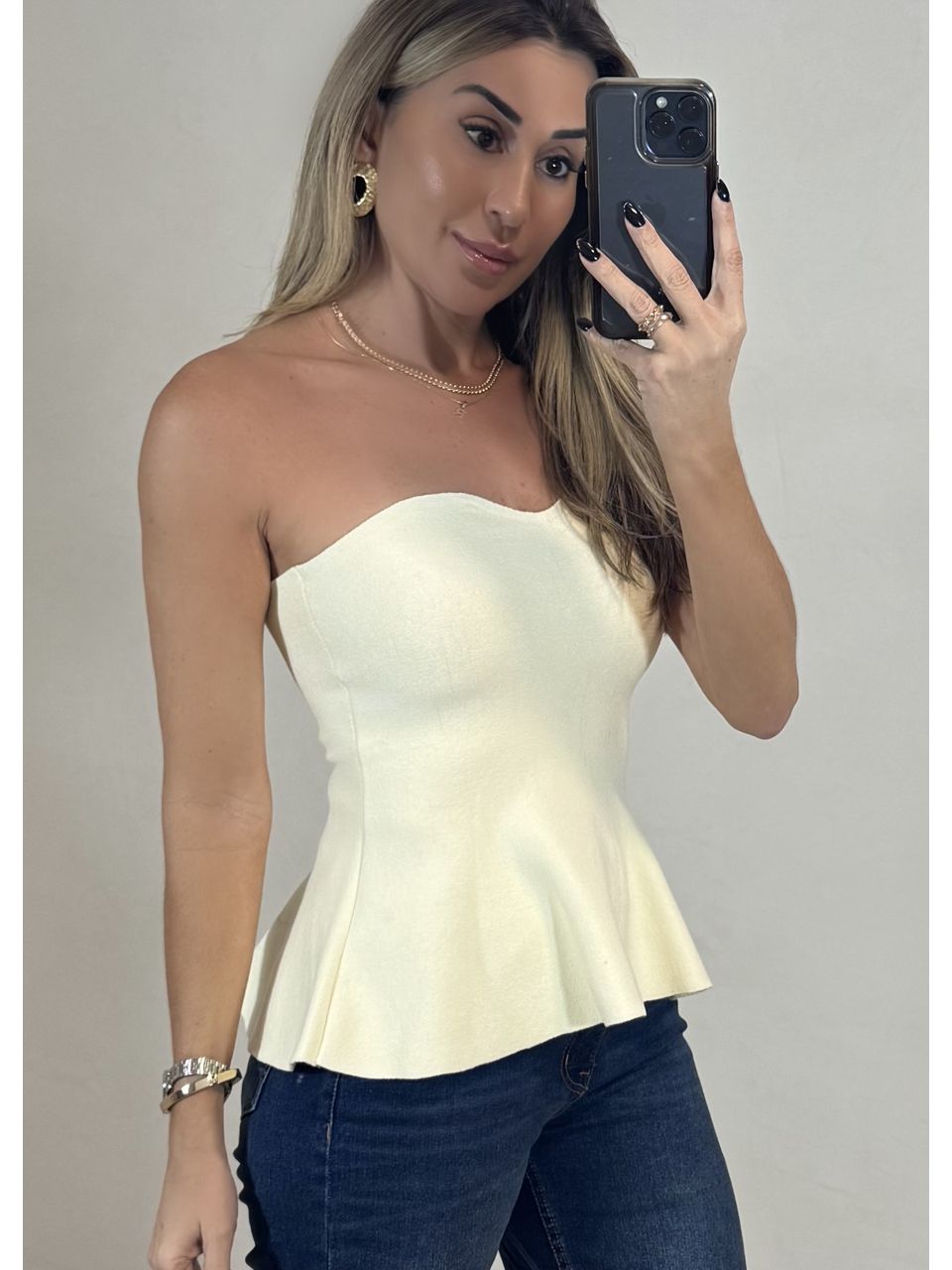 Top tricot tomara que caia Peplum