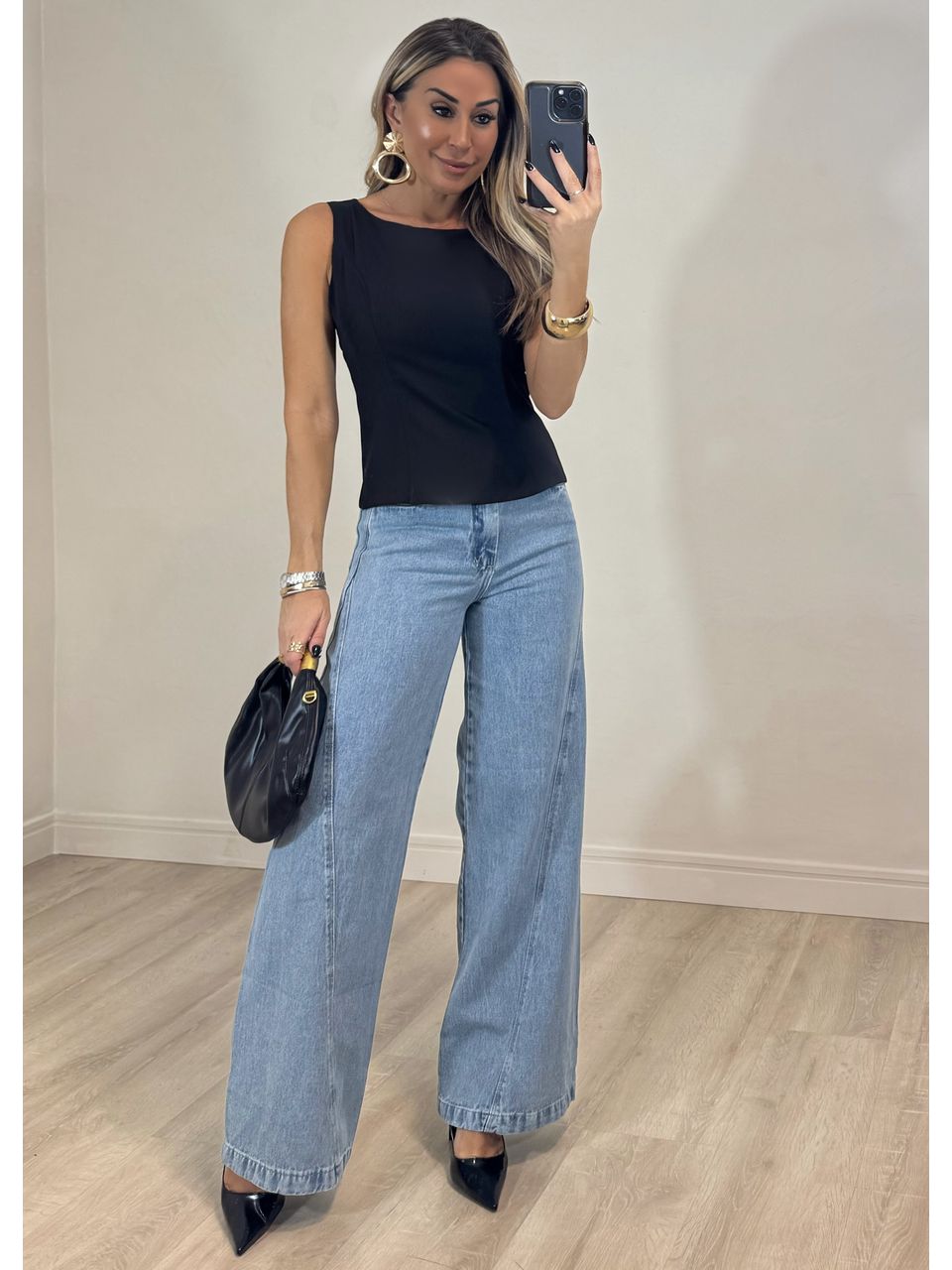 Calça Jeans Wide Leg Recortes