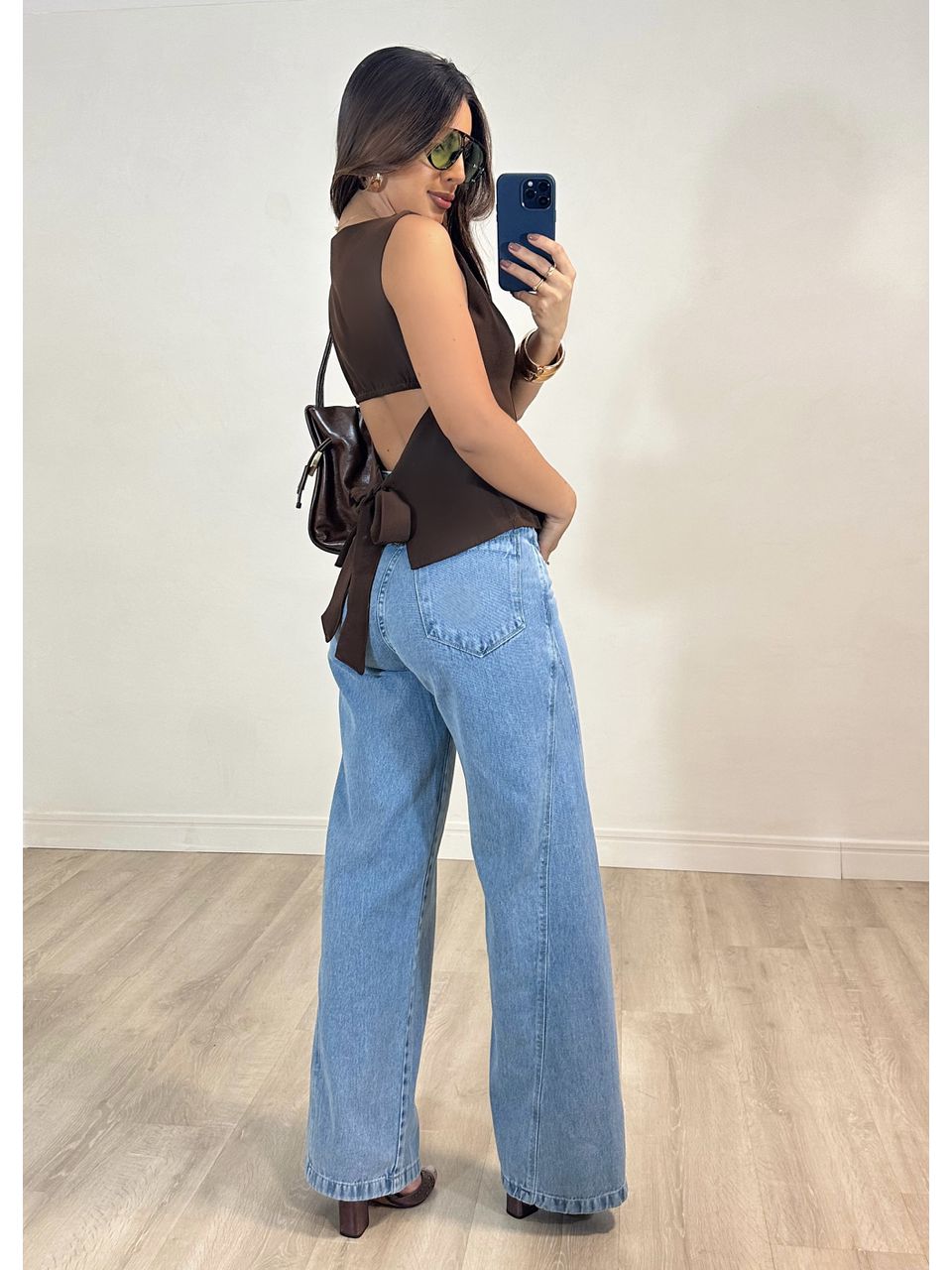 Calça Jeans Wide Leg Recortes