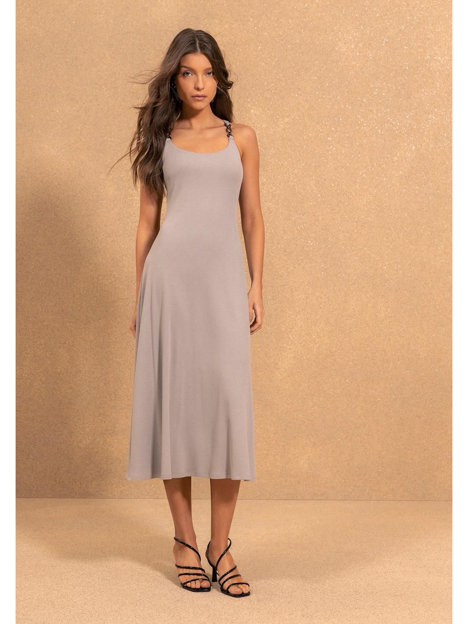 vestido midi canelado CINZA