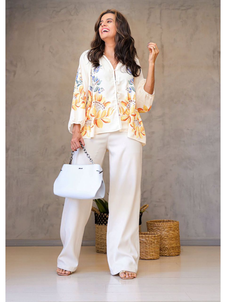 camisa estampada com mangas BEGE
