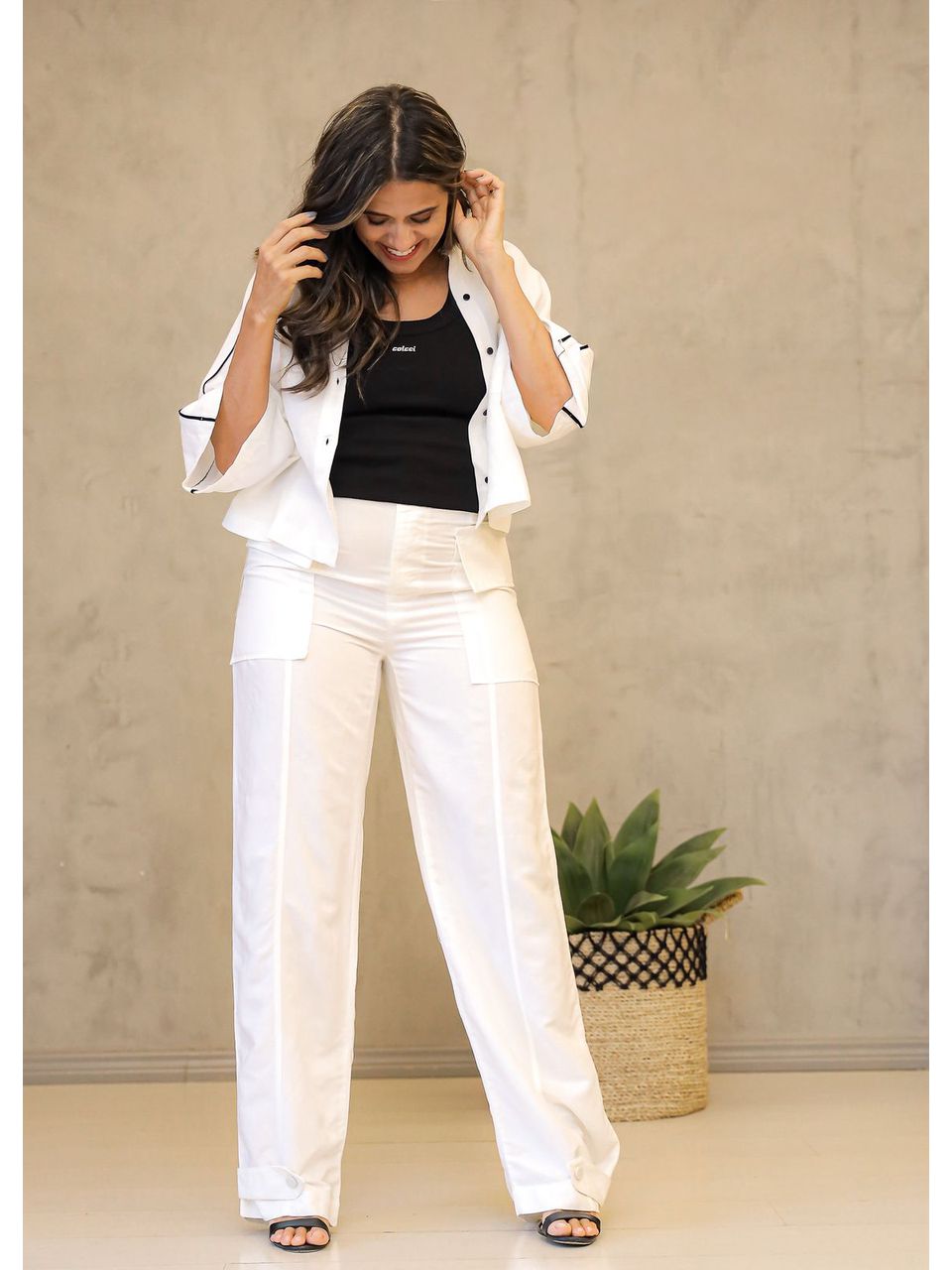 calça de alfaiatria com bolso linho RIVIEIRA COLCCI OFF SHELL