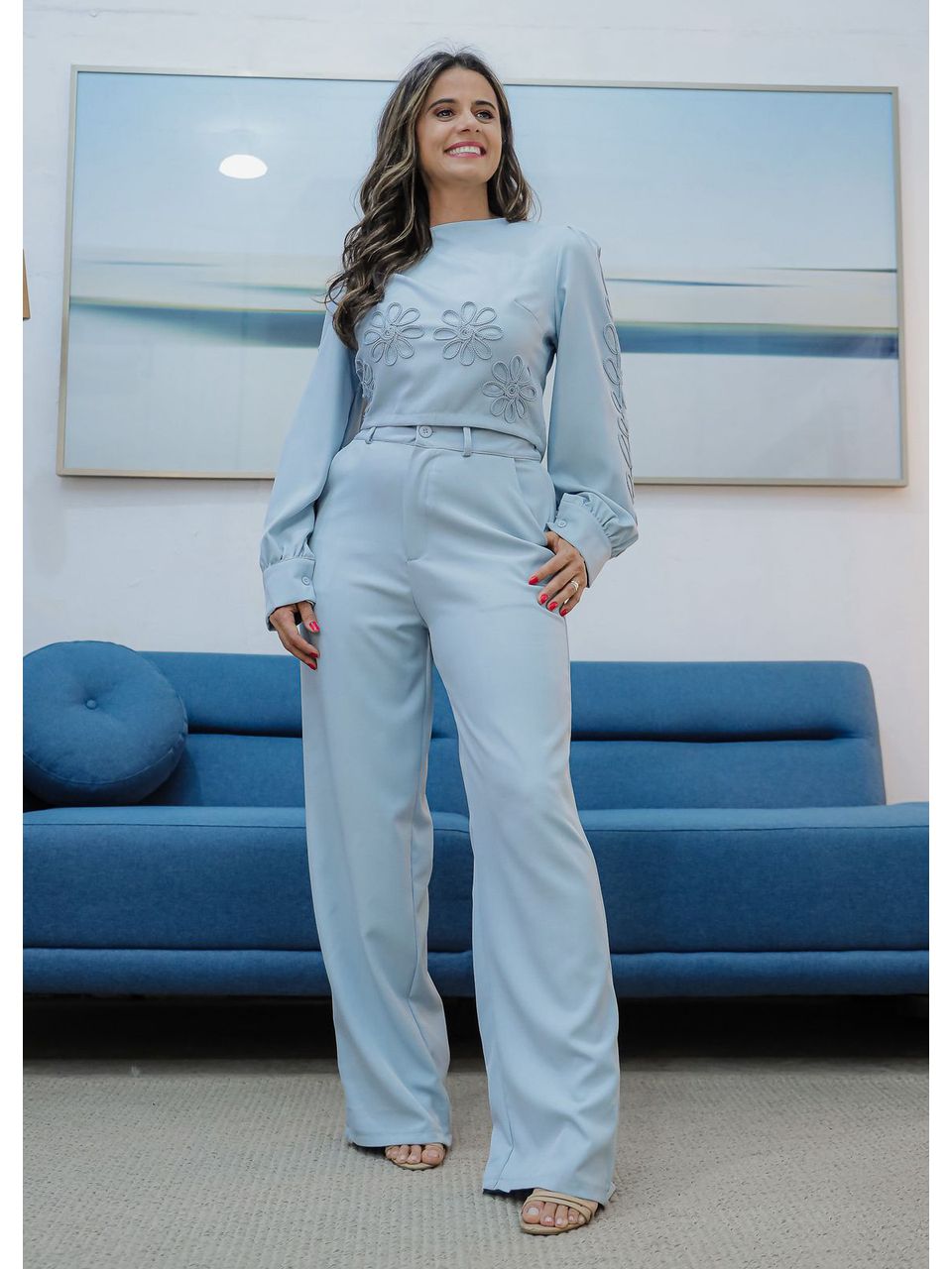 Conjunto Feminino Alfaiataria Bordado Azul - 9744