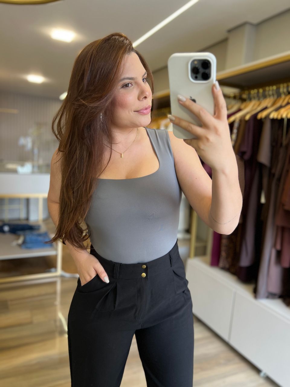 Body Poliamida Cavado Cinza - TS Moda Feminina
